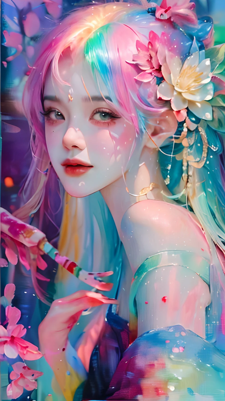 (Masterpiece, Best quality, high resolution), Lotus background, ((paint splatter, colored splashing, Splash of Ink, colored splashing)), ((Sweet Chinese girl, Rainbow hair)), Pink lips, Front, Upper body,Lotus in the background, Lotus flowers in the water,ssmile