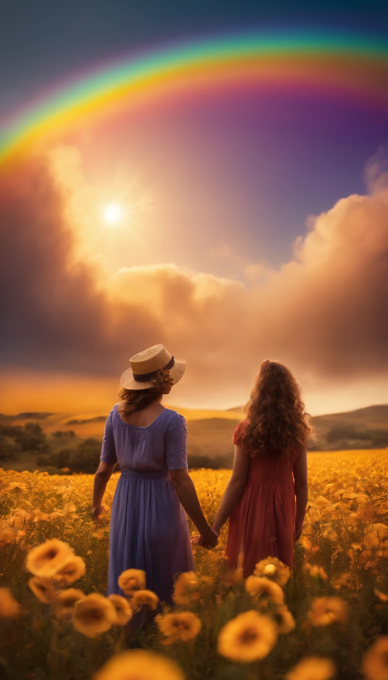 Uma foto de paisagem ampla (vista de baixo, The sky is above and the open field is below), Mother and daughter standing in a field of flowers looking up (lua cheia: 1,2), (meteoro: 0,9), (nebulosa: 1,3 ), montanhas distantes , Árvores BREAK Crafting Art, (Luz Quente: 1.2), (Vaga-lume: 1.2), Luzes, Muito Roxo e Laranja, Detalhes Intrincados, volumetric lighting BREAK (Obra-prima: 1.2), (Melhor Qualidade), 4k, Ultra Detalhado, (dynamic compositing: 1.4), Rico em Detalhes e Cor, (rainbow color: 1.2), (Brilho, Atmospheric Illumination), Sonhador, magica, (Solo: 1.2)