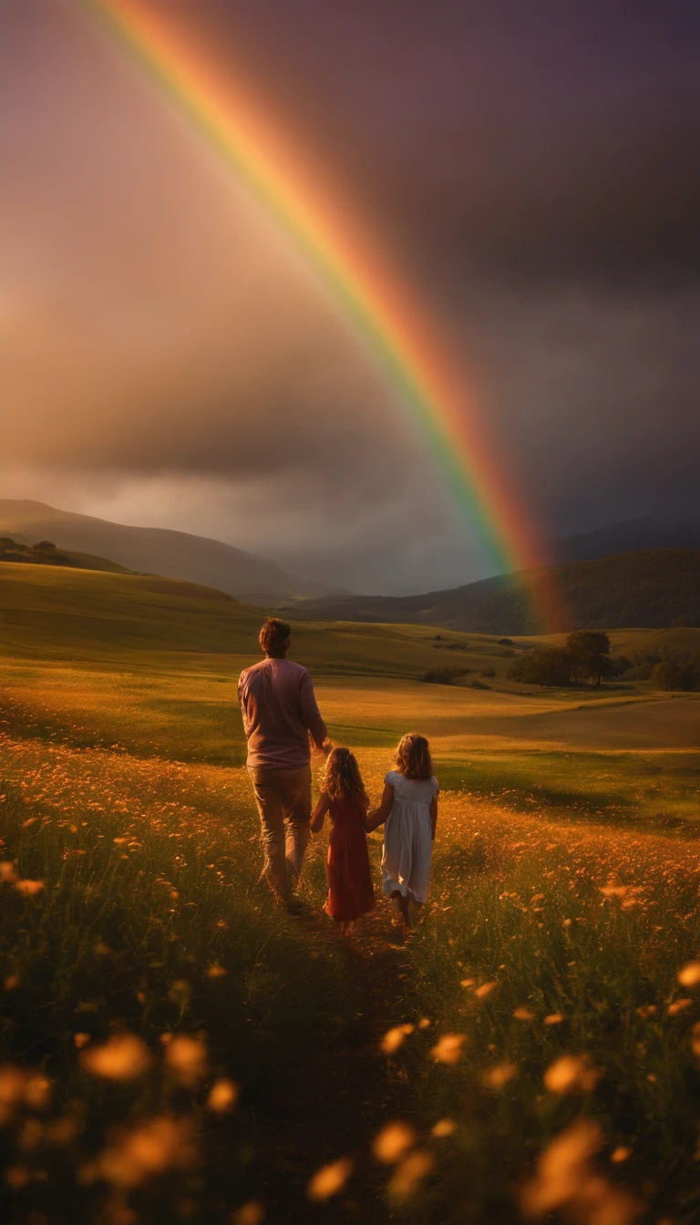 Uma foto de paisagem ampla (vista de baixo, The sky is above and the open field is below), Mother and daughter standing in a field of flowers looking up (lua cheia: 1,2), (meteoro: 0,9), (nebulosa: 1,3 ), montanhas distantes , Árvores BREAK Crafting Art, (Luz Quente: 1.2), (Vaga-lume: 1.2), Luzes, Muito Roxo e Laranja, Detalhes Intrincados, volumetric lighting BREAK (Obra-prima: 1.2), (Melhor Qualidade), 4k, Ultra Detalhado, (dynamic compositing: 1.4), Rico em Detalhes e Cor, (rainbow color: 1.2), (Brilho, Atmospheric Illumination), Sonhador, magica, (Solo: 1.2)