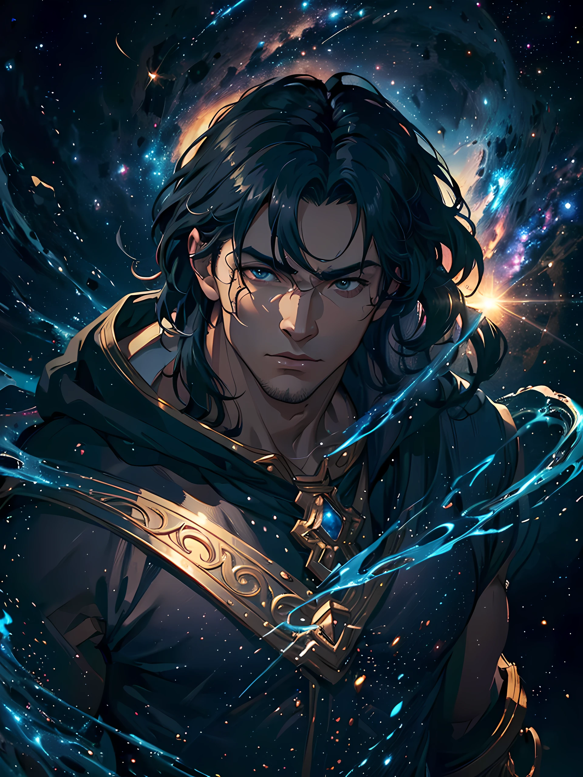 Top quality, Photorealistic, 8K, High Definition, Unity 8K wallpaper, high res, ultra sharp, masterpiece, ((masterpiece)), best quality, intricate details, expressive eyes, perfect face, detailed face, detailed eyes, masterpiece, highly detailed exquisite character art, melancholy lighting, cinematic lighting, ultra-realistic, detailed body, detailed muscles, detailed muscles, bulge, ((1male)) bodybuilder, the muscular, handsome, attractive, sexy, charming, bara, large chest, comic being, comet man, galaxy, milky way, cosmos, galaxy skin, comet hair, god of the universe, deity, on the moon., king of the universe, galaxy cape, super black skin, majestic long hair,