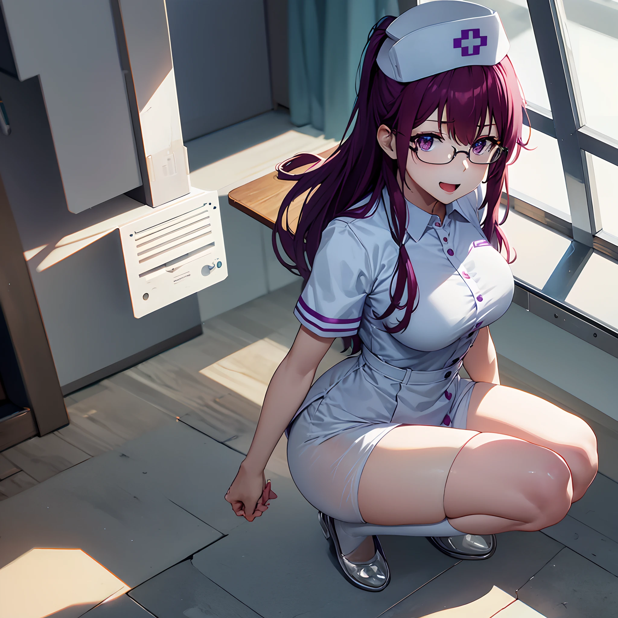 （masutepiece:1.3),(Best Quality:1.3),、High resolution, The buttons on my chest seem to slip, , huge smile、Wearing glasses、wide forehead、Arms spread wide、long purple hair，Open mouth ，Caregiver，Hospital Room、hospitals，White nurse's uniform is fluttering，White nurse hat，nurse's outfit、Sit down, reaching out her hands、looking at viewert，Sweat-soaked clothes are see-through、Black stockings、White pants、Eyes are purple, Miraculous Eye、Underwear is sheer、The color of the underwear is see-through white、yogapose、Straighten your back、Squat position、Hands between legs、Sitting knee-to-knee、perfect hand、5 fingers、Five fingers、Raise your arms up