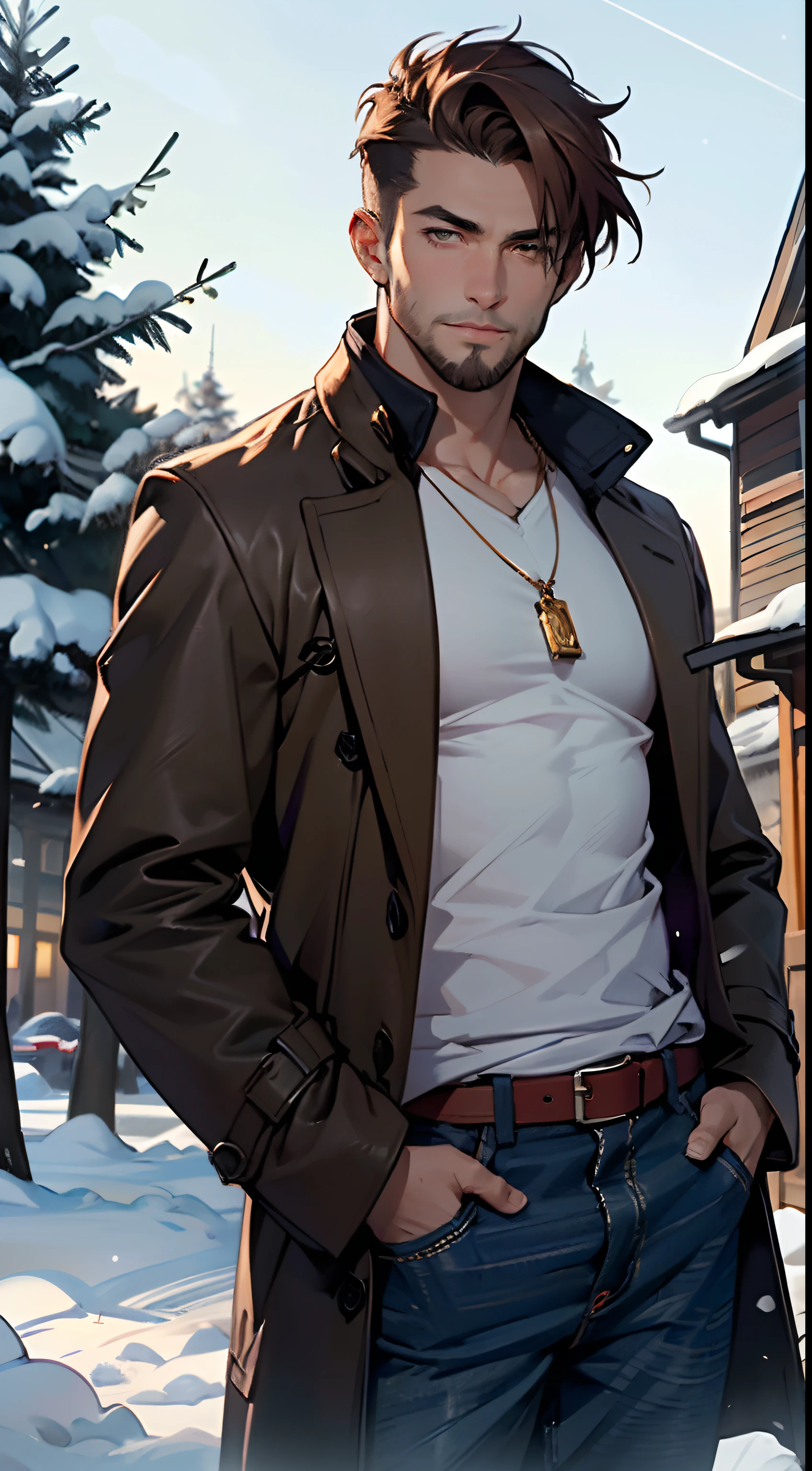 male, muscle, 1boy, big muscle, pectoral, big pectoral, muscular, Mature man,45 year old man,adult,1 man, old macho man,perfect body,an extremely delicate and beautiful detailed face, beautiful detailed eyes,short hair,(((red very short beard, red very short beard))), gold eyes, red hair,perfect face, red hair, nice hair style,(perfect hands, five fingers), perfect proportions, ((detailed face)),
smile,expressive eyes,
(ultra-detailed:1.3), beautiful detailed glow, finely detailed, ultra-detailed,
arabian,elegant,
(open coat, arabian fashion,arabian coat, jeans,white shirt, masculine features, modern style,arabian clothes),(((dark brown coat, dark brown coat outfit, wearing a dark brown coat:1.3,arabian dark brown coat))),(arabian jewelry,intricate necklace),(detailed outfit,detailed clothes),
(dynamic pose:1.0),solo focus,embarrassed,centered,scale to fit dimensions,Rule of thirds,
twilight,holiday Village Background,winter,snowstorm in background,(pine forest),detailed background:1.25,snow covered,lots of snow, snow,snow forest background,(((Glowing Snowflakes,Glittering Details))),Christmas tree,
(best quality),(high resolution),(sharp focus),(ultra detailed),(extremely detailed),(extremely high quality artwork),8k_wallpaper,(extremely detailed CG 8k),(very fine 8K CG),((hyper super ultra detailed perfect piece)),flawless,(((masterpiece))),illustration,vibrant colors,(intricate),High contrast,Selective lighting,Double exposure,HDR (High Dynamic Range),Post-processing,Background blur,