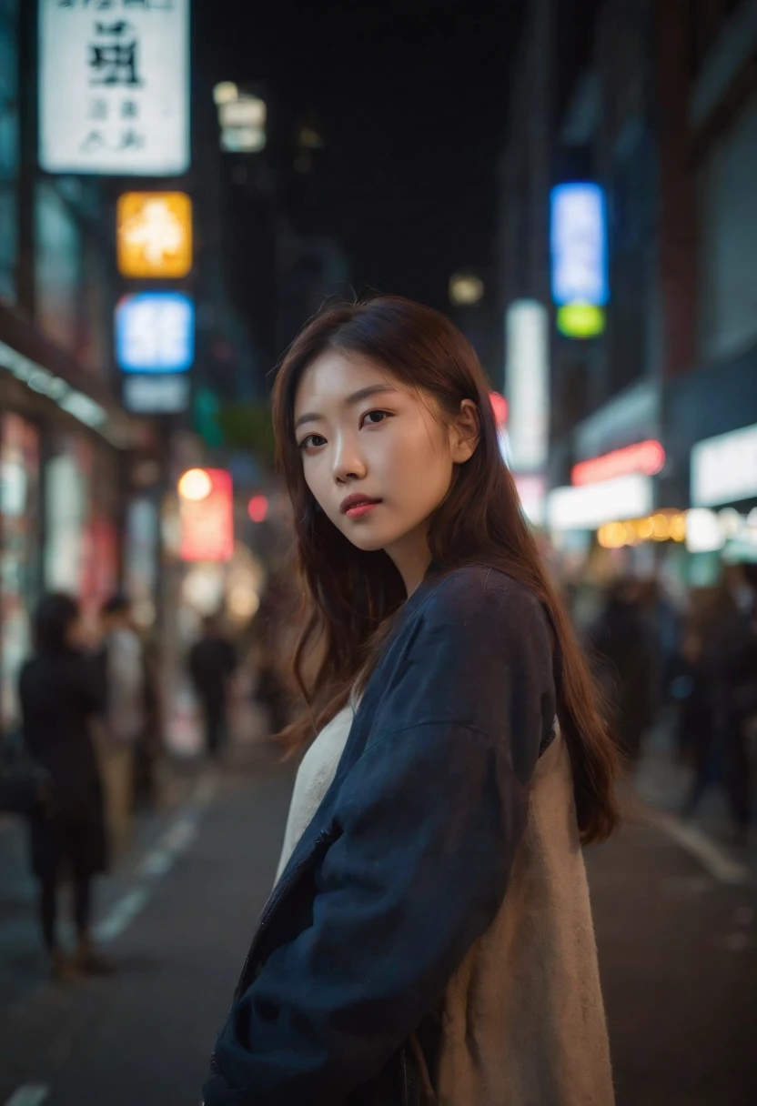 japnese girl, street fashion, in downtown shinjuku, glowing neon light in background, night time, real woman, 85mm len, full body image. dramatic lighting