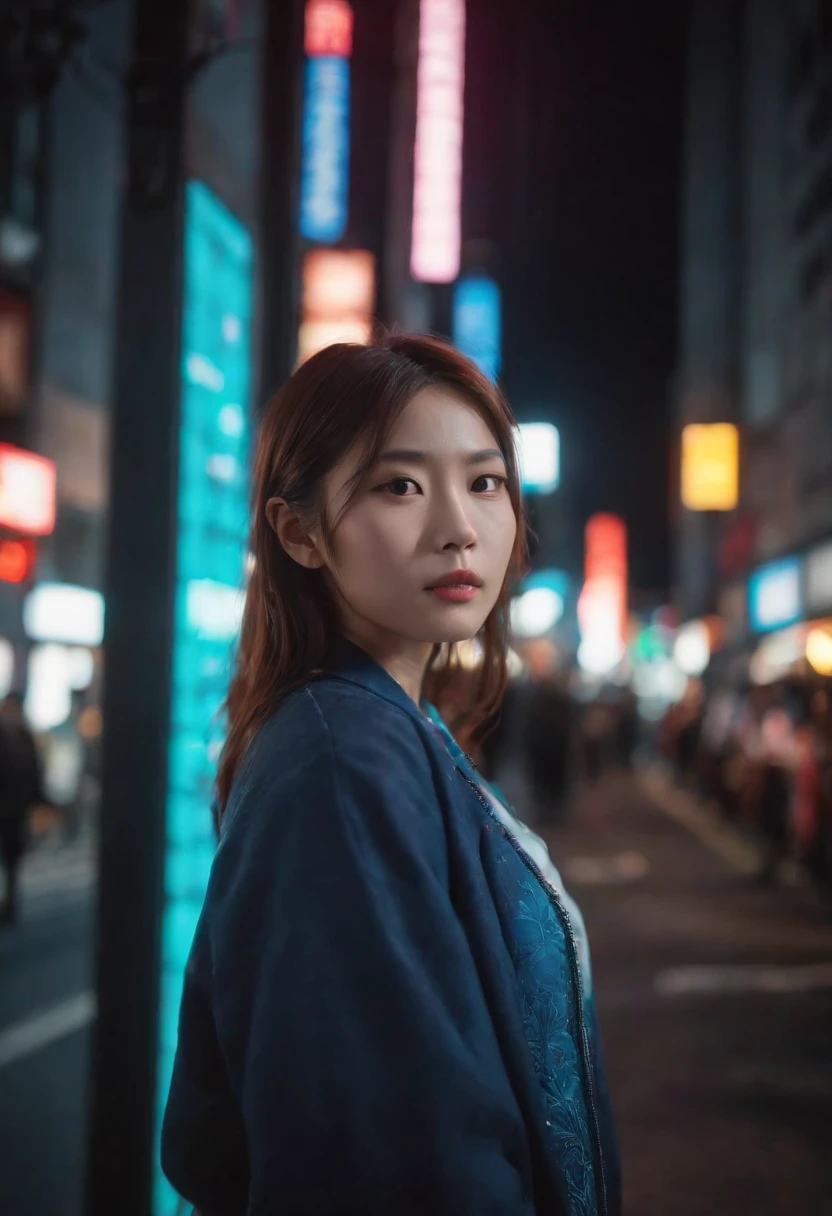 japnese girl, street fashion, in downtown shinjuku, glowing neon light in background, night time, real woman, 85mm len, full body image. dramatic lighting