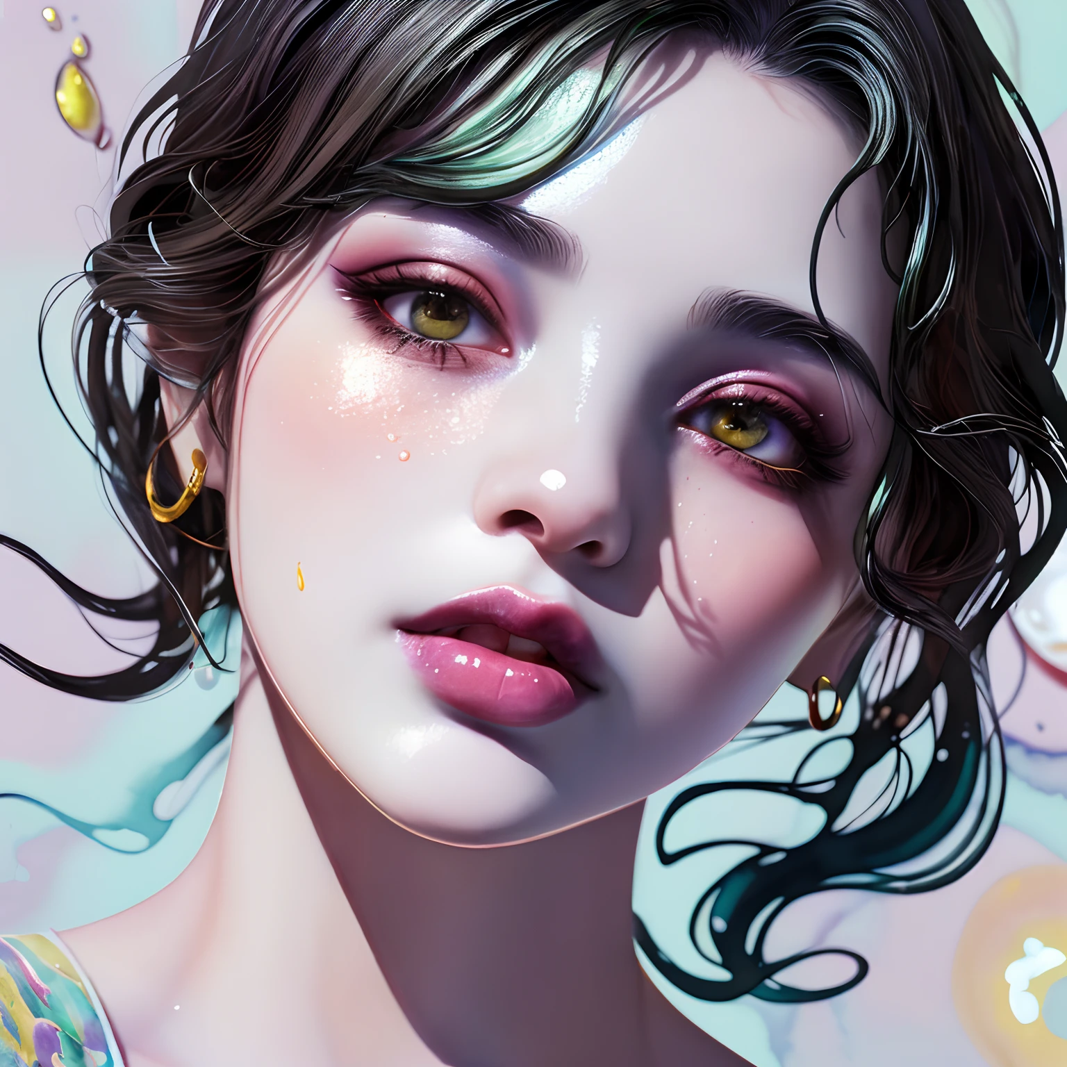 water color, PastelColors,1girl in, ​masterpiece, top-quality, (the Extremely Detailed CG Unity 8K Wallpapers), (top-quality), (The best illustrations), (Best Shadows), absurderes, Realistic lighting, (abyss), beautiful detailed brilliance, Soft lips, shiny lip, A detailed eye, A dark-haired