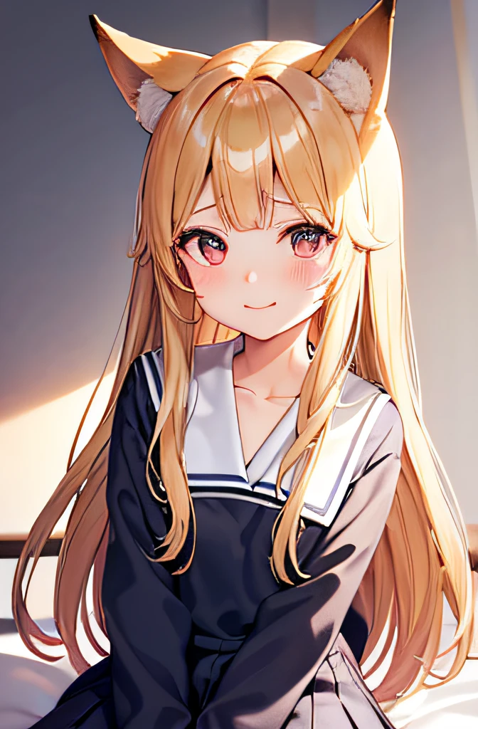 tareme,The upper part of the body_Body, front view,focus on girl, fatness, girl, Little,child,10 years old, hime-cut, wept bangs, fox ear, blonde hair, long hair,Shiny hair, Seductive smile, Beautiful detailed eyes, gold eyes, school, school uniform, sailor suit