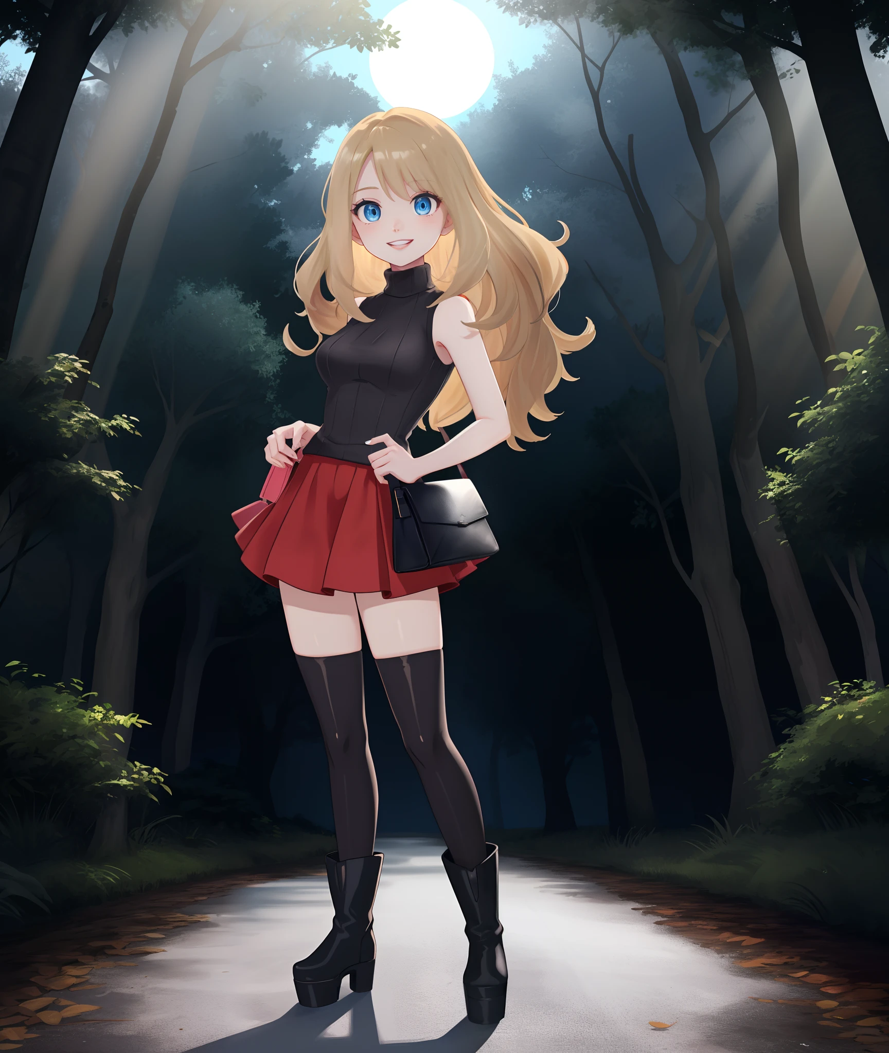 [Serena_(Pokemon)], [Uploaded to rule34.xxx; (kingmaster), (shosho_oekaki), (nekololisama)], ((masterpiece)), ((HD)), ((detailed shading)), ((1girl)), ((solo portrait)), ((full body)), ((front view)), ((cute anime girl)), {(long dirty blonde hair), (cute blue eyes), (gorgeous hips), (beautiful legs), (beautiful lips), (excited smile), (white teeth)}, {(black turtleneck sweater), (sleeveless), (short red skirt), (black opaque thigh-high socks), (black platform boots)}, {(standing), (holding purse), (looking ahead)}, [background; (park), (trees), (trees), (sun rays through trees)]
