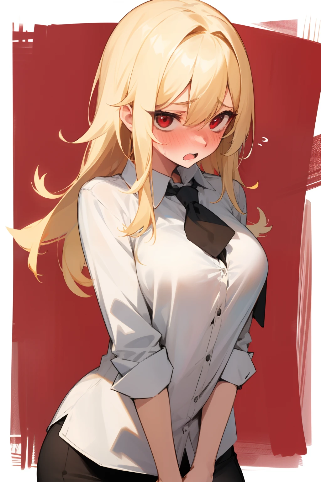 girl, breasts, Shirt, Blonde, Red Eyes, embarrassed