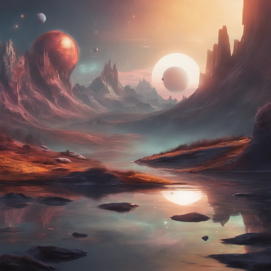 Painting of a landscape with planets and a lake in the middle, Espace fantastique, surreal dreamscape, Ethereal Kingdom, epic fantasy sci fi illustration, Epic dreamlike fantasy landscape, Detailed dreamscape, Surreal mystical atmosphere, surreal space, detailed fantasy digital art, Ethereal landscape, Paysage fantastique , ::5 premium portrait photography::4 exquisitely realistic hairs, well-lit, professionally detailed. #futuristicscifi --ar 16:9 --v 5, realistic, realistic hairs, detailed::4 well-lit, sharp-focus, artistic, unique, award-winning photography, Canon EOS 5D Mark IV DSLR, f/8, ISO 100, 1/250 second, close-up, natural light, professional,, grainy, deformed::-2 --ar 16:9