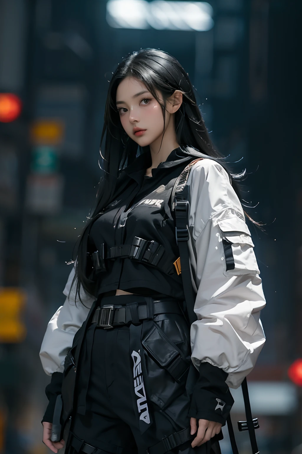 (masterpiece), best quality,1girl, black eyes, long hair, black hair, urban techwear, outfit, blurry background, eye focus, cowboy shot, huge city background, dramatic light, ((cinematic light)), RAW photo, 8k, higly detailed.