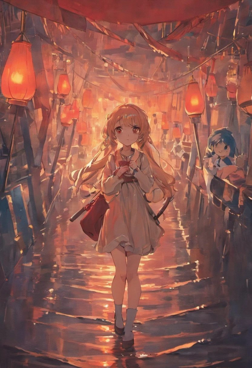 late afternoon,There are red light boats on the river。There is a small boat on the shore,There was a man on board。Dressed in white。Sit on the bow。The man was holding a glass of wine in his hand,While looking at the red light ship