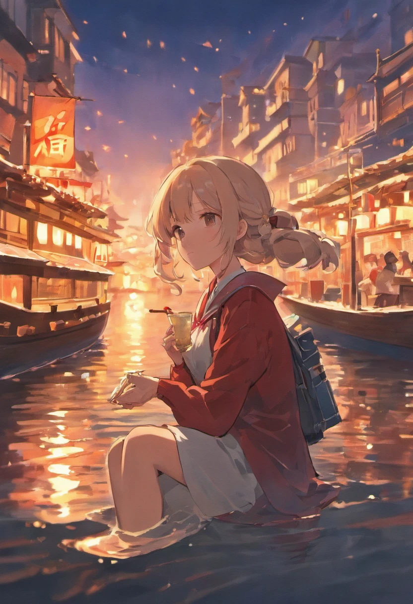 late afternoon,There are red light boats on the river。There is a small boat on the shore,There was a man on board。Dressed in white。Sit on the bow。The man was holding a glass of wine in his hand,While looking at the red light ship