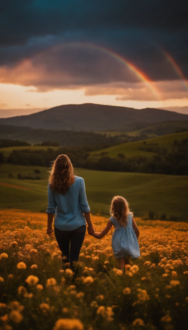 Uma foto de paisagem ampla (vista de baixo, The sky is above and the open field is below), Mother and daughter standing in a field of flowers looking up, noite de lua cheia (lua cheia: 1,2), (meteoro: 0,9), (nebulosa: 1,3 ), montanhas distantes , Árvores BREAK Crafting Art, (Luz Quente: 1.2), (Vaga-lume: 1.2), Luzes, Muito Roxo e Laranja, Detalhes Intrincados, volumetric lighting BREAK (Obra-prima: 1.2), (Melhor Qualidade), 4k, Ultra Detalhado, (dynamic compositing: 1.4), Rico em Detalhes e Cor, (rainbow color: 1.2), (Brilho, Atmospheric Illumination), Sonhador, magica, (Solo: 1.2)
