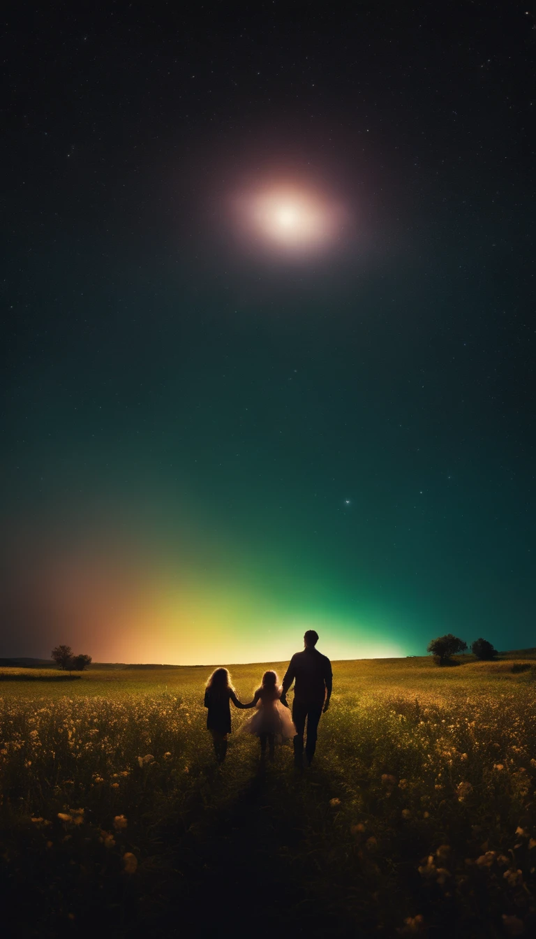 Uma foto de paisagem ampla (vista de baixo, The sky is above and the open field is below), Mother and daughter standing in a field of flowers looking up, noite de lua cheia (lua cheia: 1,2), (meteoro: 0,9), (nebulosa: 1,3 ), montanhas distantes , Árvores BREAK Crafting Art, (Luz Quente: 1.2), (Vaga-lume: 1.2), Luzes, Muito Roxo e Laranja, Detalhes Intrincados, volumetric lighting BREAK (Obra-prima: 1.2), (Melhor Qualidade), 4k, Ultra Detalhado, (dynamic compositing: 1.4), Rico em Detalhes e Cor, (rainbow color: 1.2), (Brilho, Atmospheric Illumination), Sonhador, magica, (Solo: 1.2)