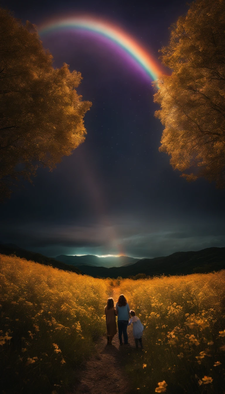Uma foto de paisagem ampla (vista de baixo, The sky is above and the open field is below), Mother and daughter standing in a field of flowers looking up, noite de lua cheia (lua cheia: 1,2), (meteoro: 0,9), (nebulosa: 1,3 ), montanhas distantes , Árvores BREAK Crafting Art, (Luz Quente: 1.2), (Vaga-lume: 1.2), Luzes, Muito Roxo e Laranja, Detalhes Intrincados, volumetric lighting BREAK (Obra-prima: 1.2), (Melhor Qualidade), 4k, Ultra Detalhado, (dynamic compositing: 1.4), Rico em Detalhes e Cor, (rainbow color: 1.2), (Brilho, Atmospheric Illumination), Sonhador, magica, (Solo: 1.2)