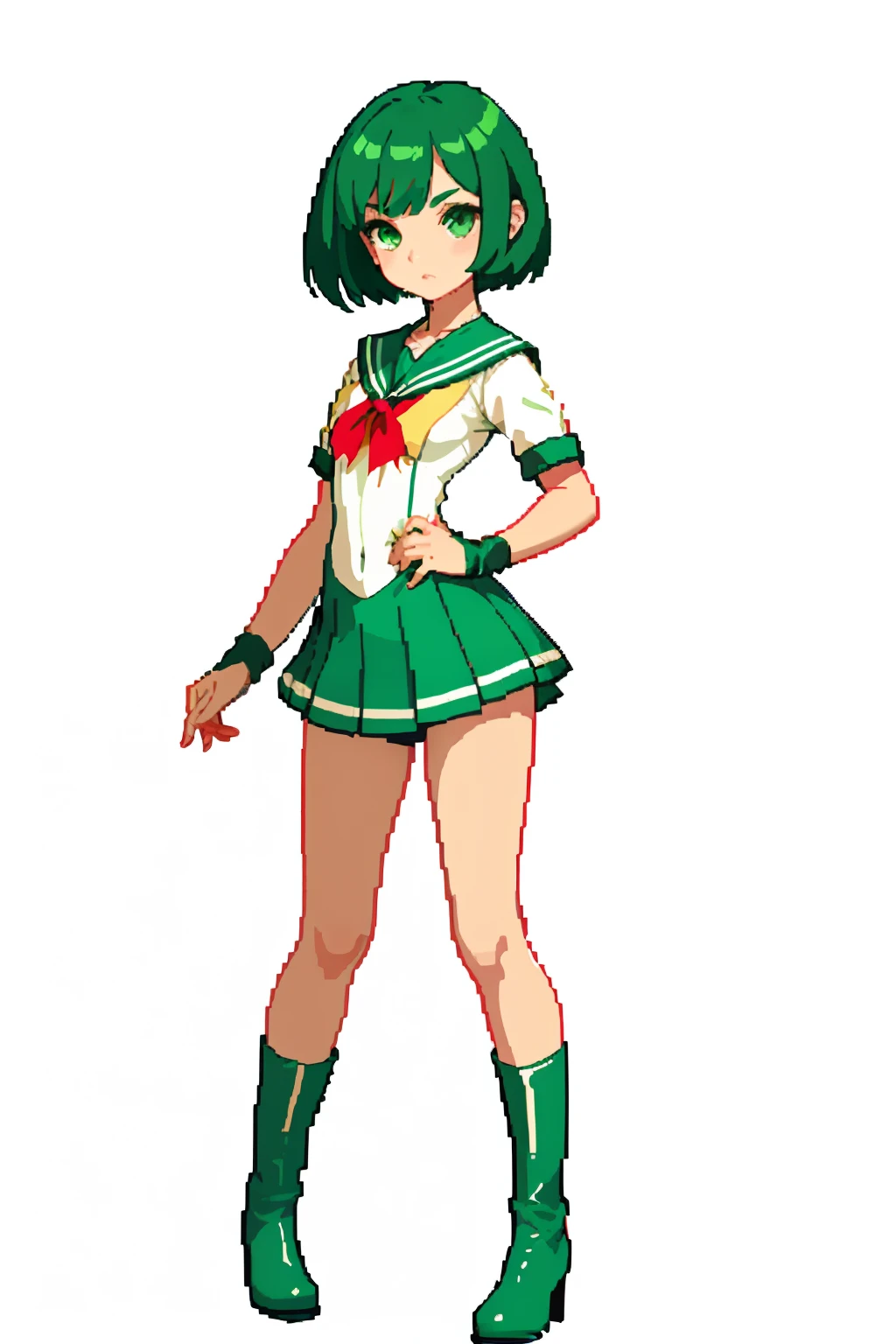 (masterpiece、top-quality、top-quality)、pixels、Pixel art、女の子1人、Cool Beauty,garterbelts,clong legs,Dark green bob hair,clong legs,Green Gemstone Necklace,7th class,Sailor Senshi,Bright red eyes,See-through sailor suit combat suit,Forehead Accessories,magical little girl,Pure white embroidered silk leotard,Slit pritz mini skirt in gray color,Sareme,Sexy sheer knee socks,More about dark green, kneehigh boots,Have a big key