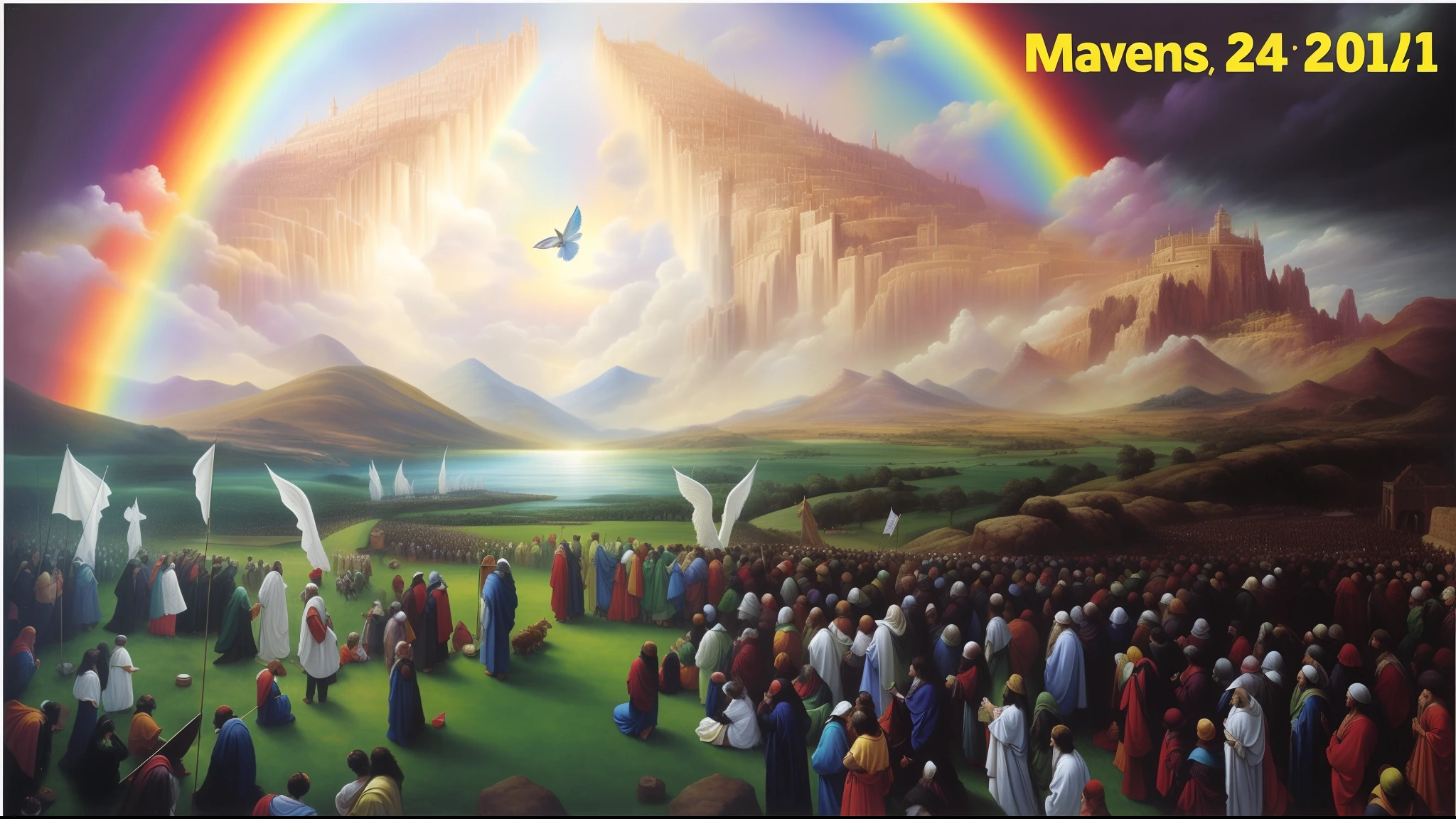 Painting a rainbow and a rainbow over a crowd of people, epic biblical representation, biblical painting, Incredible masterpiece, Segunda vinda, fosco, beautiful image ever created, imagem da obra-prima, epic masterpiece, she is arriving heaven, breathtaking masterpiece of art, greatest art ever made, heaven on earth, O Arrebatamento, obra-prima espiritual, prophetic art, biblical art style