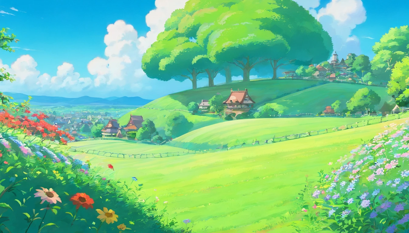 View of the lawn,with blue sky and white clouds,Villages in the distance