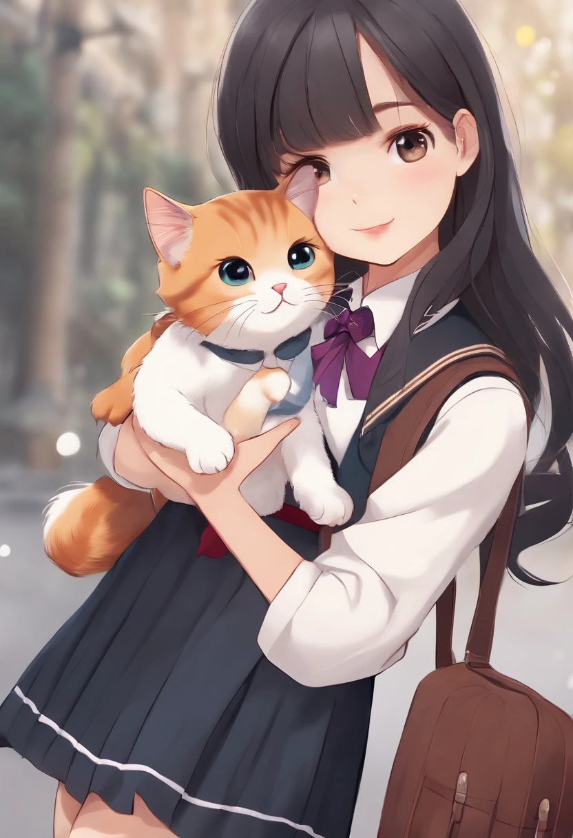 cartoon cute girl with school uniform holding a cute cat