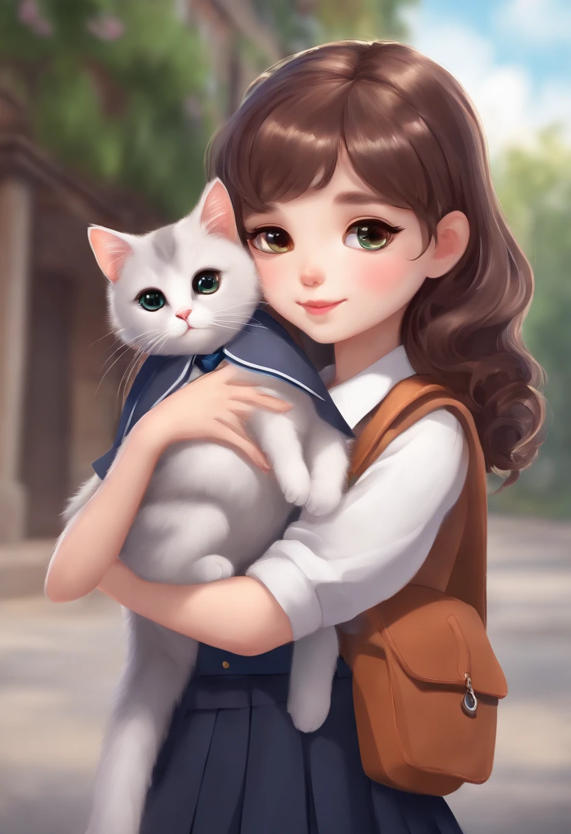 cartoon cute girl with school uniform holding a cute cat