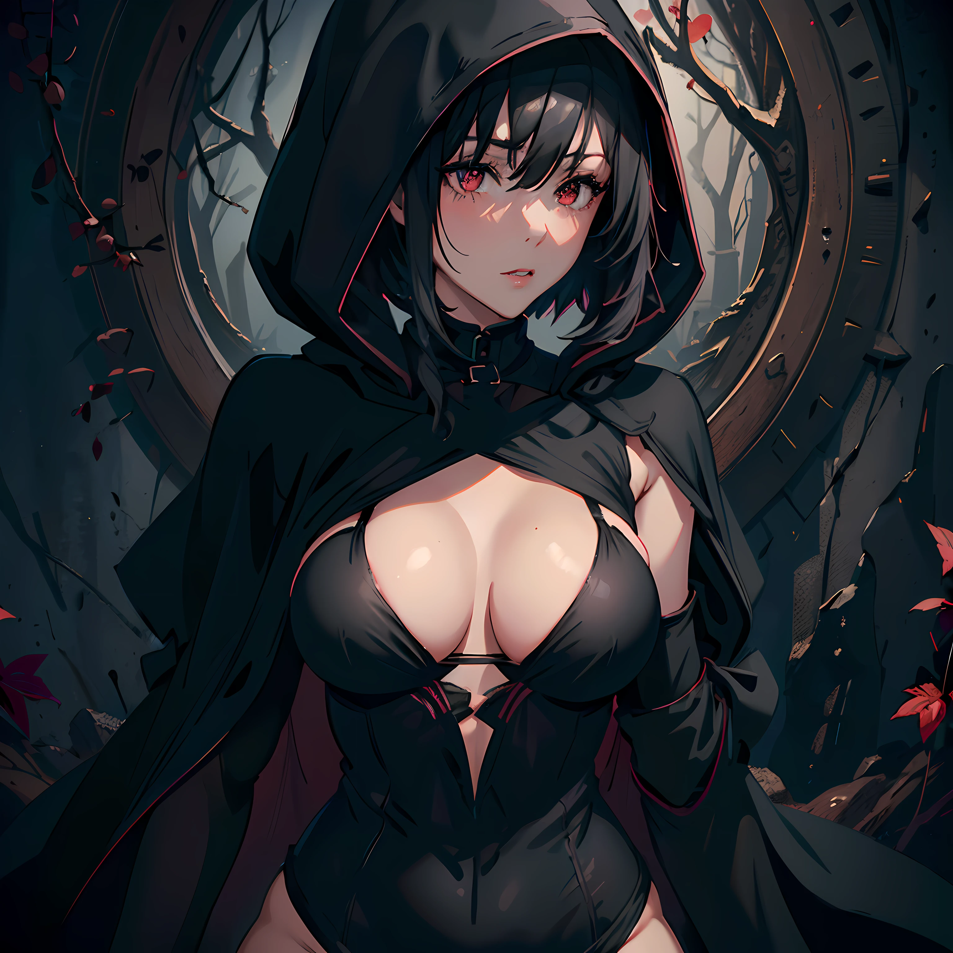 (masterpiece, UHD, ultra sharp), 1girl, solo, goth girl, black hair, short hair, black hood, black cloak, red anime eyes, detailed lips, blush, dark forest background, (medium breast:1.8), thick thighs