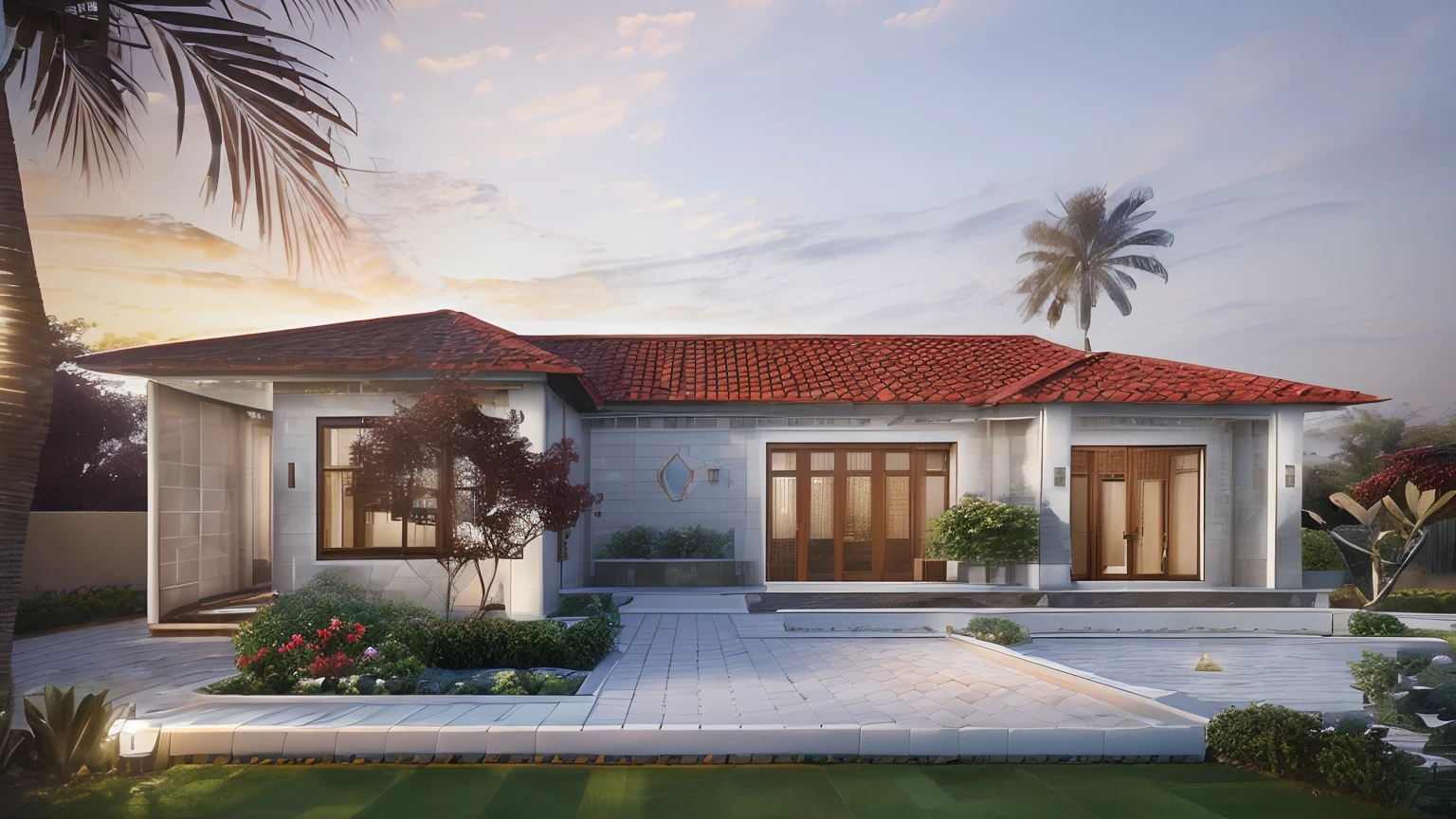 surreal images, high definition, 8k, details, main materials (((country house, Garden with natrual tiles size 60mmx60mm, Red tile roof ,white light lamp ))) ((the all door by aluminium of glass brown color)), garden, day light blu sky ,