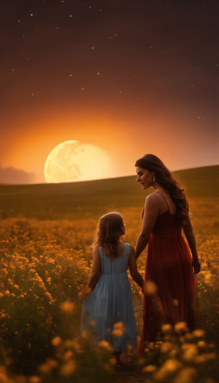 Uma foto de paisagem ampla (vista de baixo, The sky is above and the open field is below), Mother and daughter standing in a field of flowers looking up, Full moon night and stars in the sky (lua cheia: 1,2), (meteoro: 0,9), (nebulosa: 1,3 ), montanhas distantes , Árvores BREAK Crafting Art, (Luz Quente: 1.2), (Vaga-lume: 1.2), Luzes, Muito Roxo e Laranja, Detalhes Intrincados, volumetric lighting BREAK (Obra-prima: 1.2), (Melhor Qualidade), 4k, Ultra Detalhado, (dynamic compositing: 1.4), Rico em Detalhes e Cor, (rainbow color: 1.2), (Brilho, Atmospheric Illumination), Sonhador, magica, (Solo: 1.2)