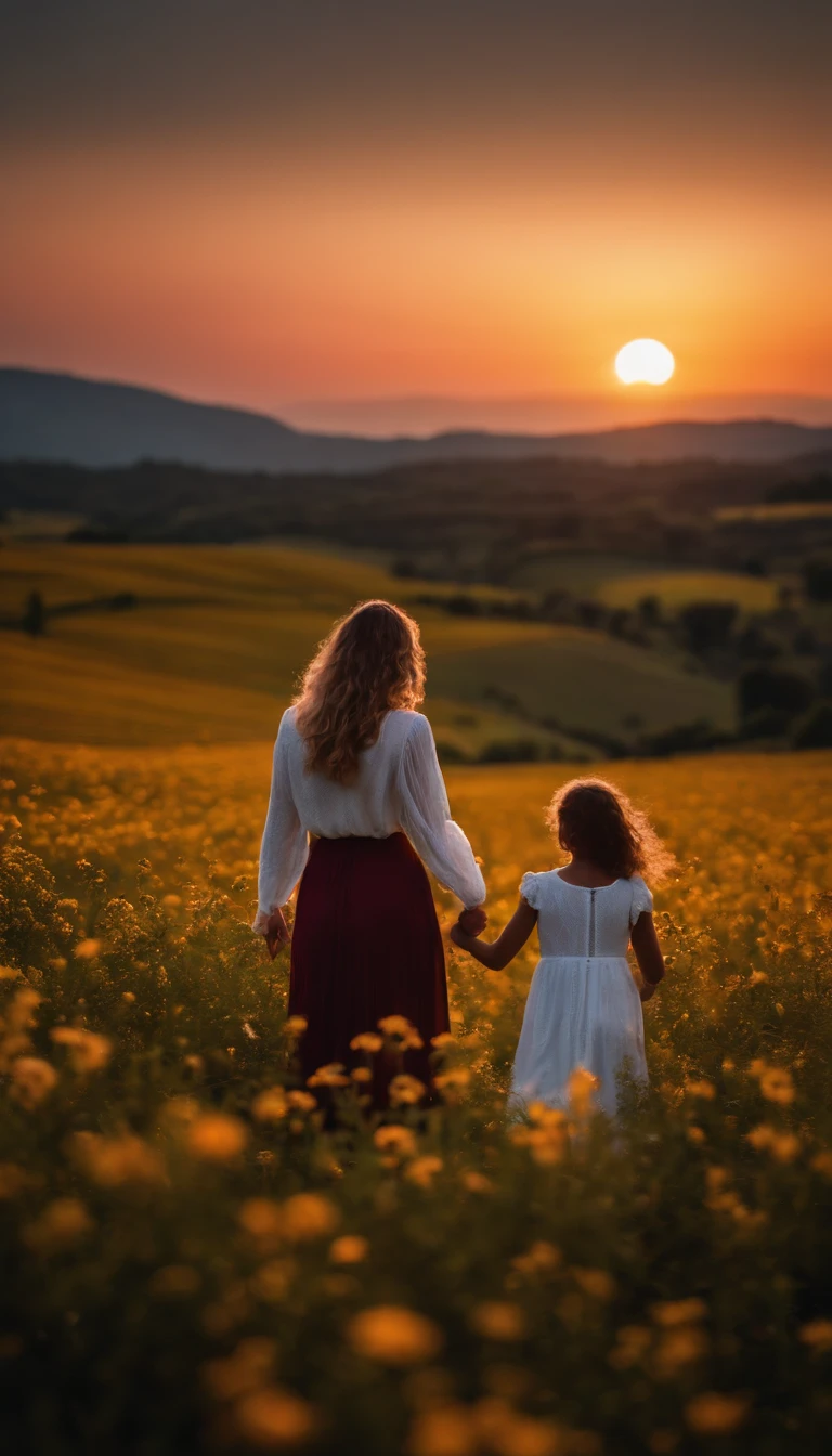 Uma foto de paisagem ampla (vista de baixo, The sky is above and the open field is below), Mother and daughter standing in a field of flowers looking up, Full moon night and stars in the sky (lua cheia: 1,2), (meteoro: 0,9), (nebulosa: 1,3 ), montanhas distantes , Árvores BREAK Crafting Art, (Luz Quente: 1.2), (Vaga-lume: 1.2), Luzes, Muito Roxo e Laranja, Detalhes Intrincados, volumetric lighting BREAK (Obra-prima: 1.2), (Melhor Qualidade), 4k, Ultra Detalhado, (dynamic compositing: 1.4), Rico em Detalhes e Cor, (rainbow color: 1.2), (Brilho, Atmospheric Illumination), Sonhador, magica, (Solo: 1.2)