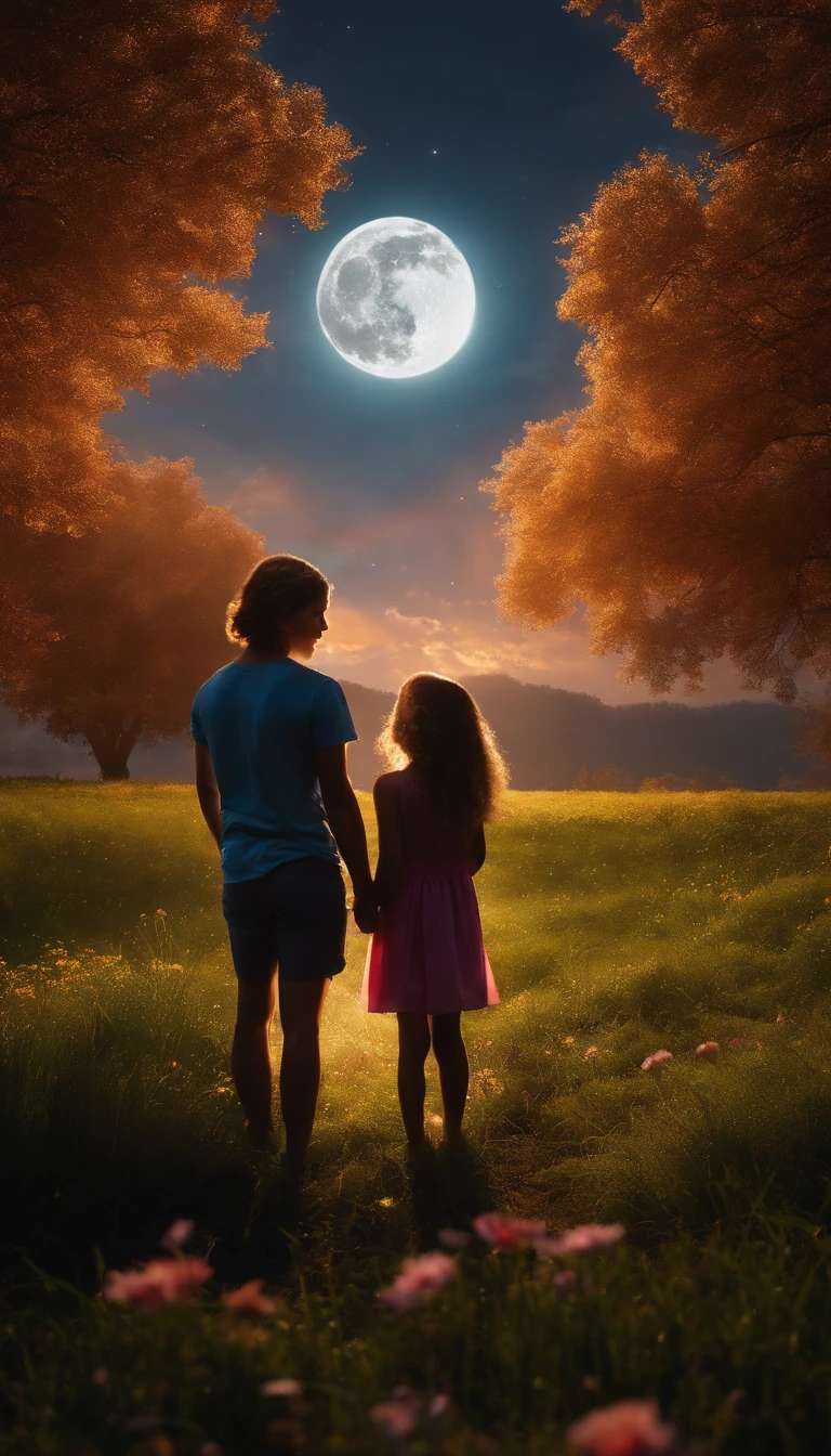 Uma foto de paisagem ampla (vista de baixo, The sky is above and the open field is below), Mother and daughter standing in a field of flowers looking up, Full moon night and stars in the sky (lua cheia: 1,2), (meteoro: 0,9), (nebulosa: 1,3 ), montanhas distantes , Árvores BREAK Crafting Art, (Luz Quente: 1.2), (Vaga-lume: 1.2), Luzes, Muito Roxo e Laranja, Detalhes Intrincados, volumetric lighting BREAK (Obra-prima: 1.2), (Melhor Qualidade), 4k, Ultra Detalhado, (dynamic compositing: 1.4), Rico em Detalhes e Cor, (rainbow color: 1.2), (Brilho, Atmospheric Illumination), Sonhador, magica, (Solo: 1.2)