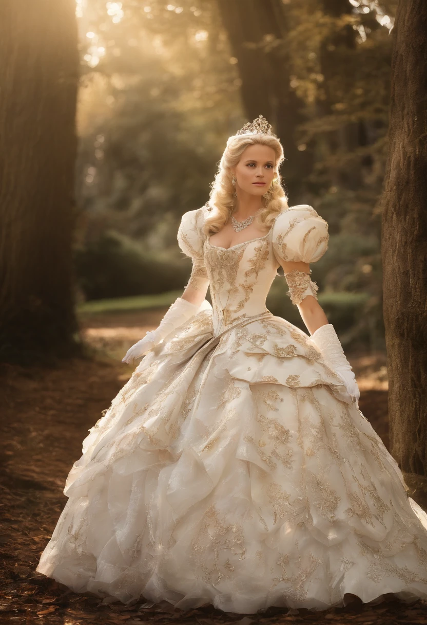 A stunningly beautiful blonde fairytale Princess Reese Witherspoon shining with Royal Pomp and Regal Splendor, wearing a Stately and (((Elaborate))) Royal Cinderella Ballgown of Silver and White Brocade, with (((enormous puffed sleeves))) a stiffly boned, padded and corseted bodice, an hourglass waist, a (((huge crinoline hoopskirt))) and (((bustle))), adorned with ribbons, bows, roses, lace, ruffles, frills, embroidery, and jewels, elaborately curled and styled hair, long white gloves, pearl and diamond necklace and earrings