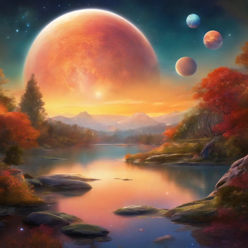 Painting of a landscape with planets and a lake in the middle, Espace fantastique, surreal dreamscape, Ethereal Kingdom, epic fantasy sci fi illustration, Epic dreamlike fantasy landscape, Detailed dreamscape, Surreal mystical atmosphere, surreal space, detailed fantasy digital art, Ethereal landscape, paysage fantastique , ::5 photographies de portrait premium::4 hairs of exquisite realism, well lit, Professionally detailed. #futuristescifi --ar 16:9 --V 5, Realstic, realistic hairs, Detailed::4 well-lit, mise au point nette, Artistique, unique, award-winning photograph, canon eos 5d mark iv dslr, f/8, Norme ISO 100, 1/250 secondes, gros plan, natural light, professionnel,, Granuleuse, difforme::-2 --ar 16:9