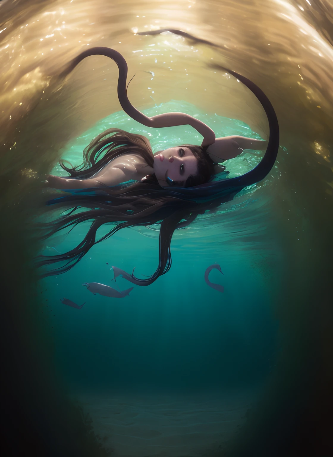 Young nude busty woman swims underwater and gets attacked by an giant squid. The tentacles of the squid wraps around one leg and penetrate her vagina.