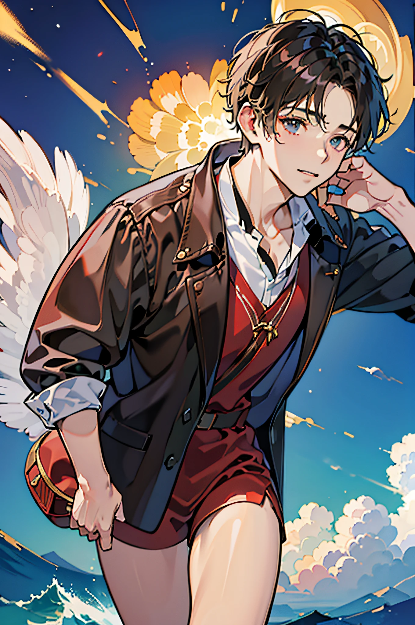 (in 8K、top-quality、masterpiece:1.2)、1 boy、short-haired、Hair short、Brown-skinned、red view、