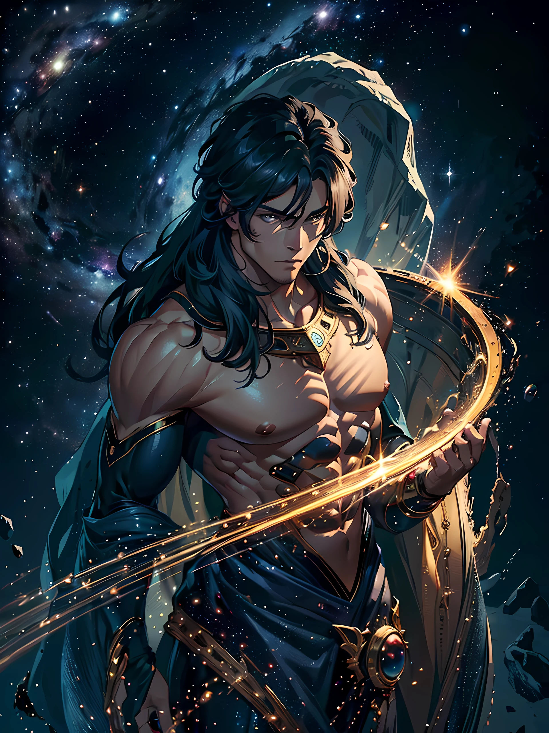 Top quality, Photorealistic, 8K, High Definition, Unity 8K wallpaper, high res, ultra sharp, masterpiece, ((masterpiece)), best quality, intricate details, expressive eyes, perfect face, detailed face, detailed eyes, masterpiece, highly detailed exquisite character art, melancholy lighting, cinematic lighting, ultra-realistic, detailed body, detailed muscles, detailed muscles, bulge, ((1male)) bodybuilder, the muscular, handsome, attractive, sexy, charming, bara, large chest, comic being, comet man, galaxy, milky way, cosmos, galaxy skin, comet hair, god of the universe, deity, on the moon., king of the universe, galaxy cape, super black skin, majestic long hair, mid-shot