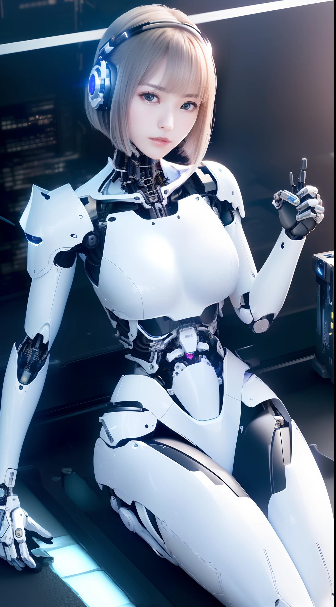 A girl in a futuristic glowing white heavy armored robot suit takes a photo、perfect android girl, Female cyborg body, Perfect anime cyborg woman, Beautiful female android!, Female Robot, completely robot!! girl, Cute cyborg girl, Cyber Suit, Girl wearing mecha cyber armor, Cyber Suit, beutiful white girl cyborg, Beautiful female android, Beautiful girl cyborg、Cute cyborg girl with short bob hair、Gravure model Android Beautiful girl、(Laughter)、((Rounded, heavy white chest armor))、(((Cyber Bed Phone:1.3)))、(((Robot Girl:1.3)))、(((Mechanical Bed Gear:1.3)))、(((美しいgirl Android)))、