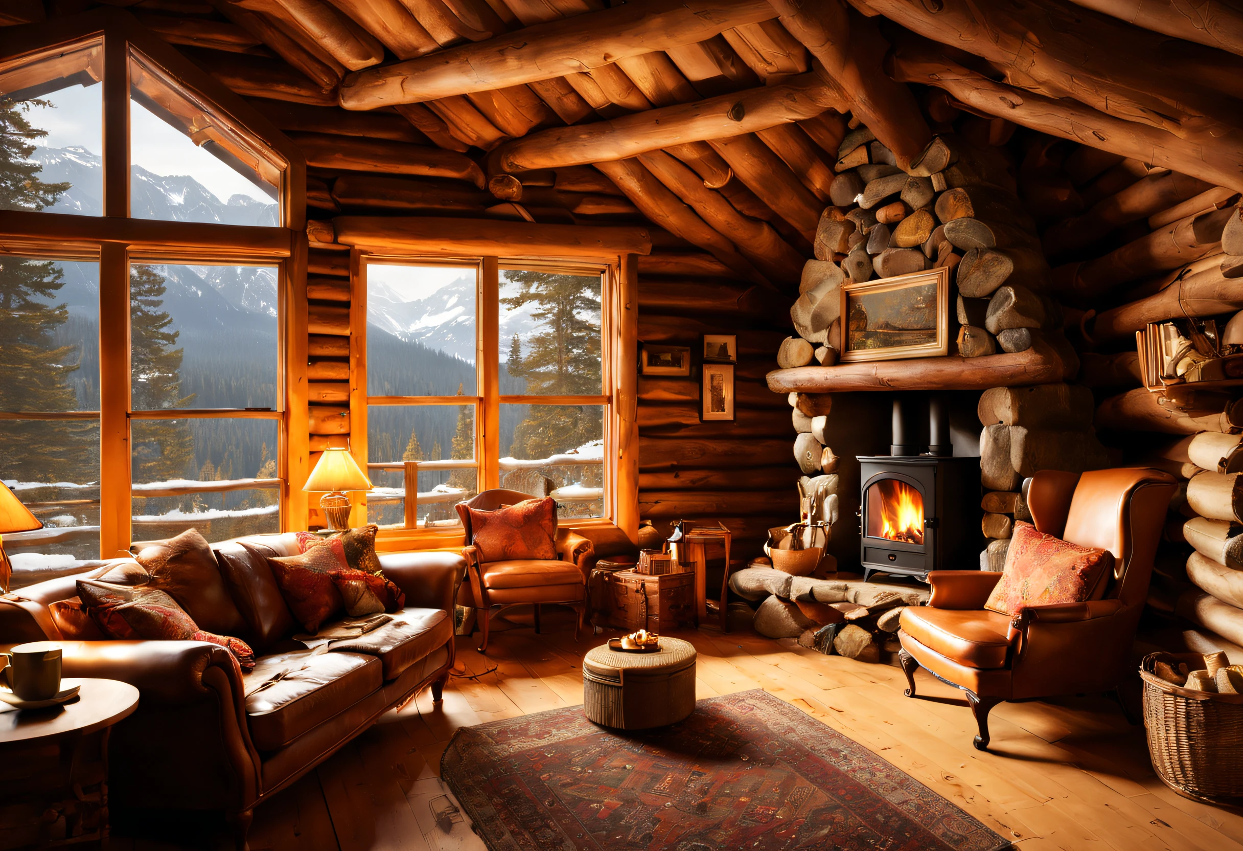Arafed log cabin with a fireplace and a couch and a table - SeaArt AI