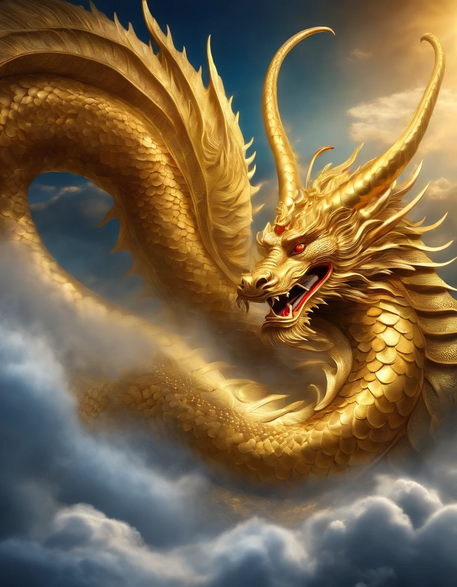 golden chinese dragon flying to the right through grey clouds barely visible, (white background:1), shimmering golden hues, masterpiece, high quality, dynamic effects