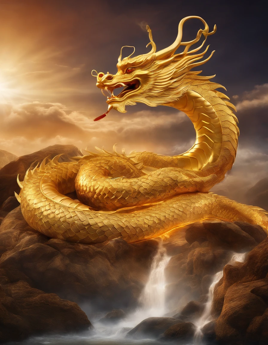 「Make illustrations of the Golden Dragon God。Long as a snake、facing up、Shōryū、Sunny sky、Spiritual、Spirit、chakra、Spiritual world、Fantastical」