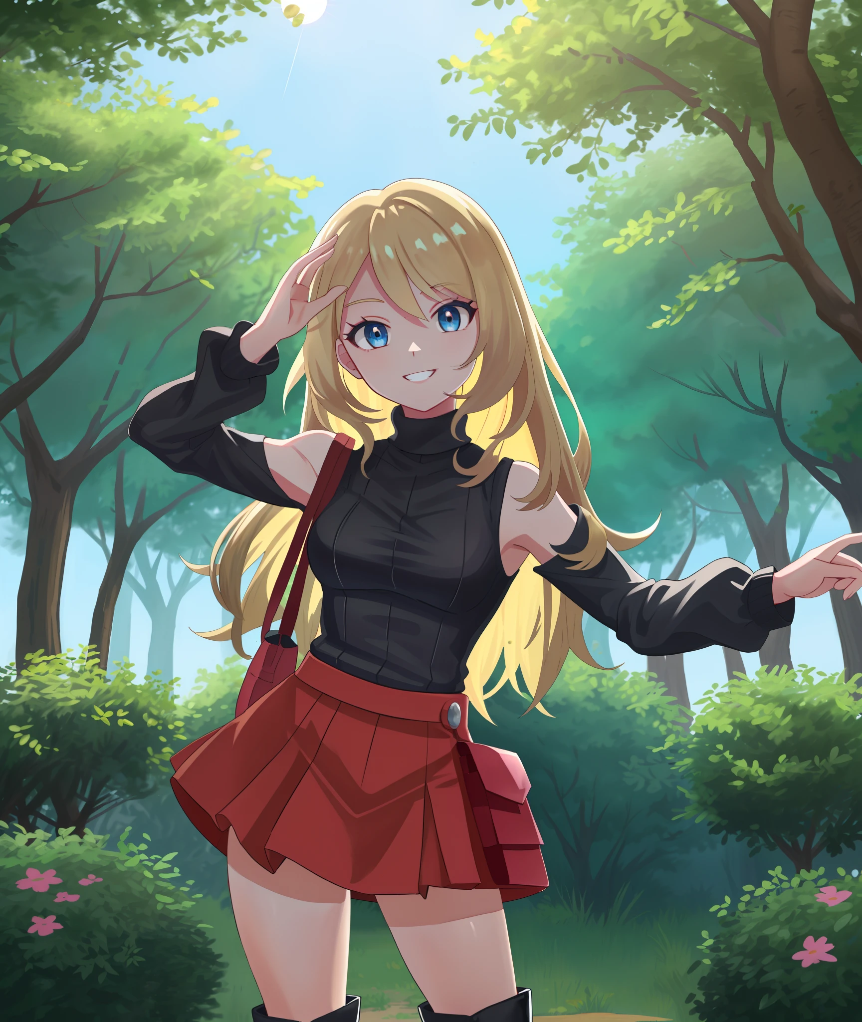 [Serena_(Pokemon)], [Uploaded to rule34.xxx; (kingmaster), (shosho_oekaki), (nekololisama)], ((masterpiece)), ((HD)), ((detailed shading)), ((1girl)), ((solo portrait)), ((cowboy shot)), ((front view)), ((cute anime girl)), {(long dirty blonde hair), (cute blue eyes), (gorgeous hips), (beautiful legs), (beautiful lips), (excited smile), (white teeth)}, {(black turtleneck sweater), (sleeveless), (short red skirt), (black platform boots)}, {(standing), (holding purse), (looking ahead)}, [background; (park), (trees), (trees), (sun rays through trees)]