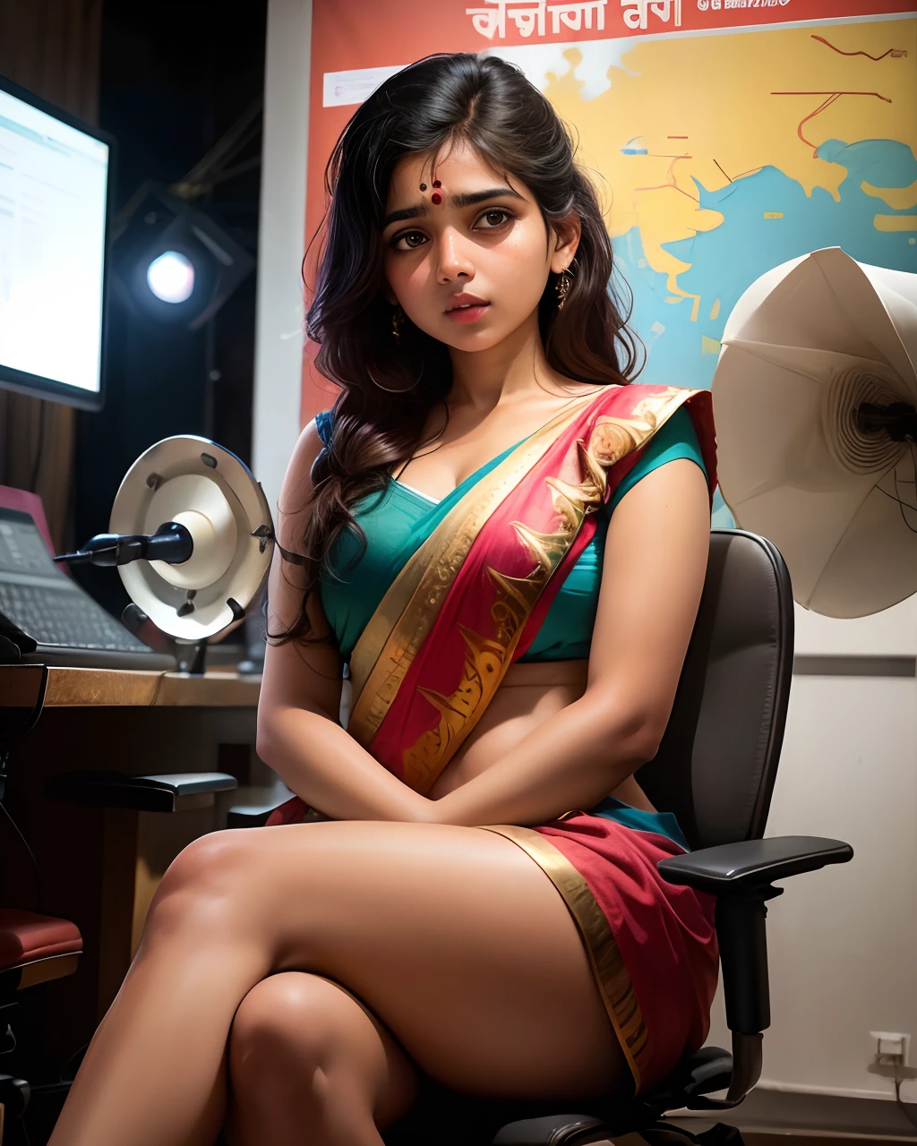 Indian girl realistic news anker in studio photo