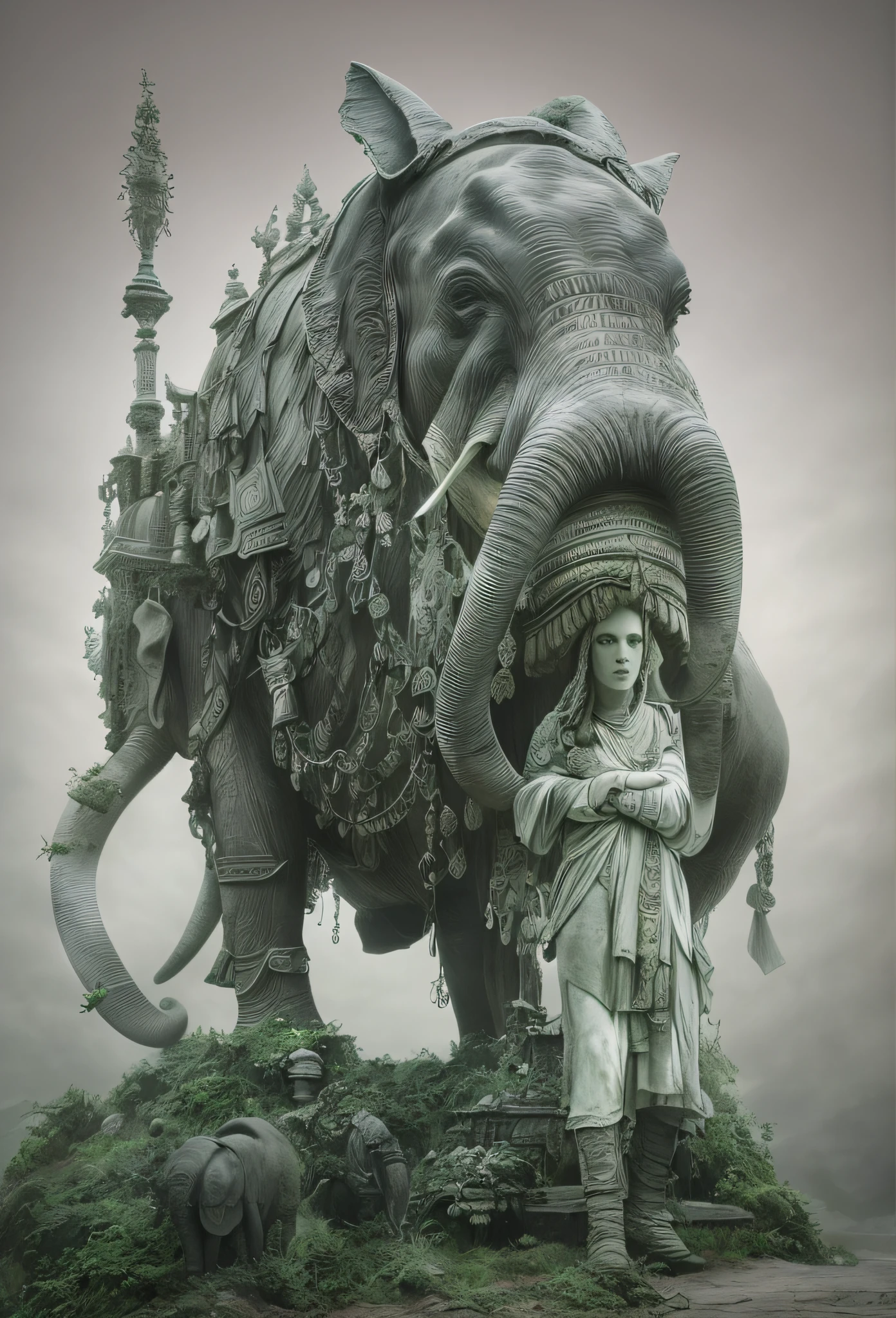 old photography, there is a woman standing next to a statue of an elephant, giant sculpture, an enormous elephant king, by Edward Corbett, highly detailed sculpture, still from a fantasy movie, by Artur Tarnowski, rafaelle monti and beksinski, (fantasy), by Kristian Kreković, inspired by Toshiko Okanoue