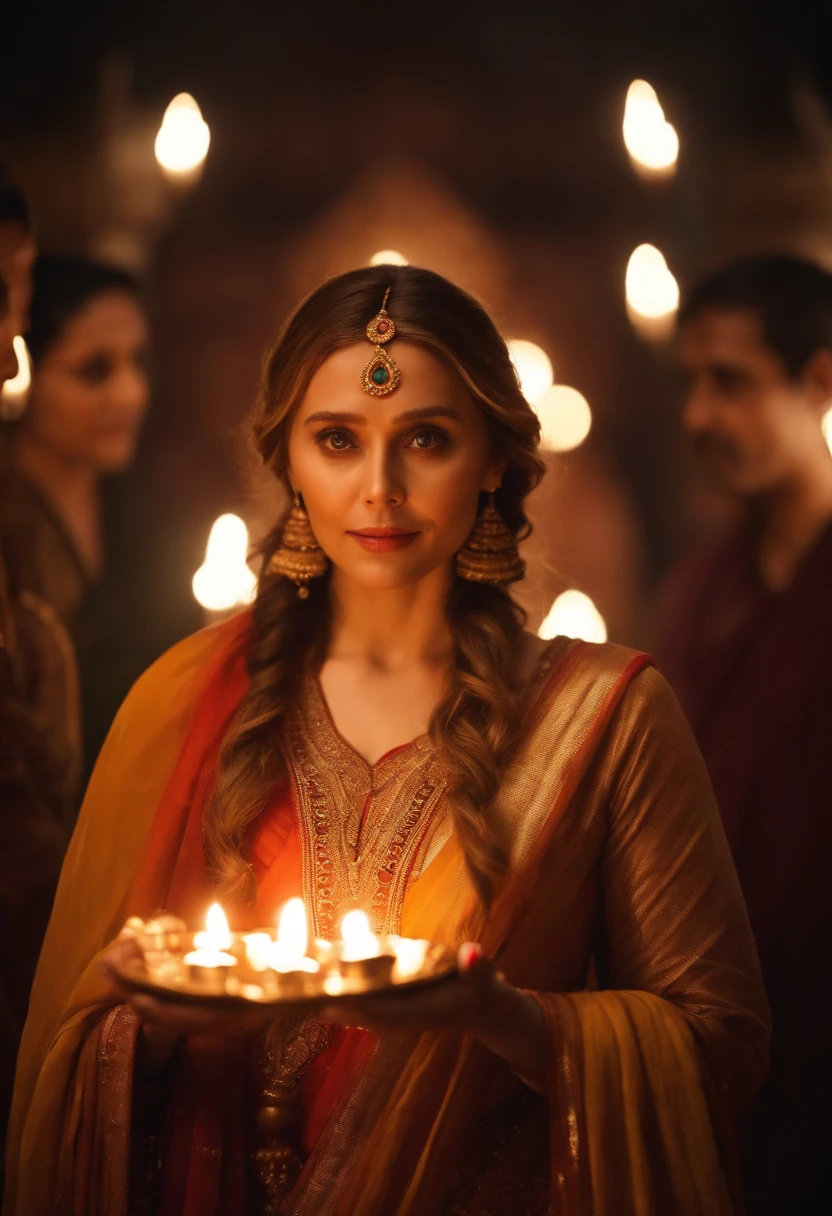 Masterpiece,highres,Elizabeth Olsen in Indian attire, holding diya in hand ,in the temple