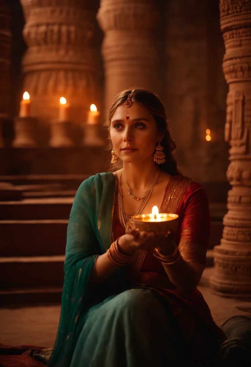 Masterpiece,highres,Elizabeth Olsen in Indian attire, holding diya in hand ,in the temple