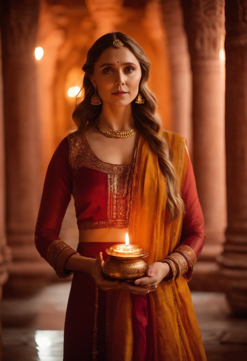 Masterpiece,highres,Elizabeth Olsen in Indian attire, holding diya in hand ,in the temple