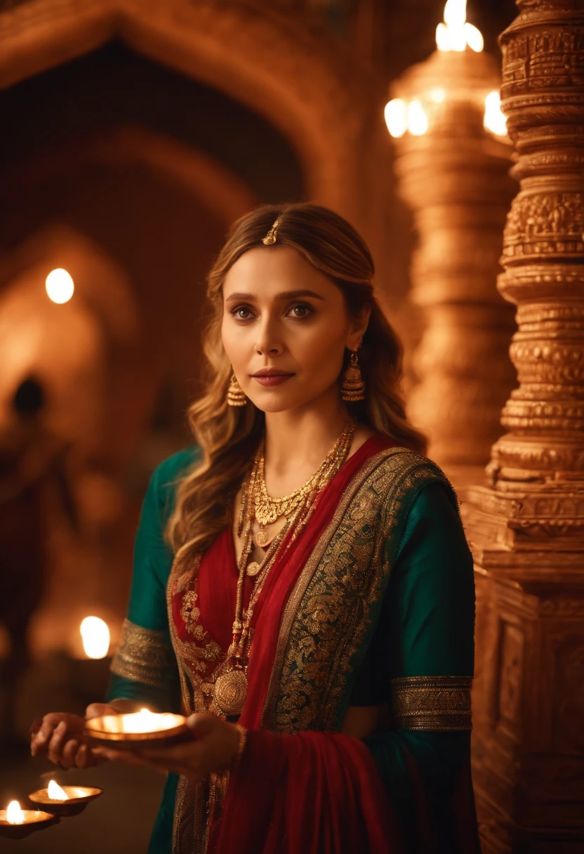 Masterpiece,highres,Elizabeth Olsen in Indian attire, holding diya in hand ,in the temple