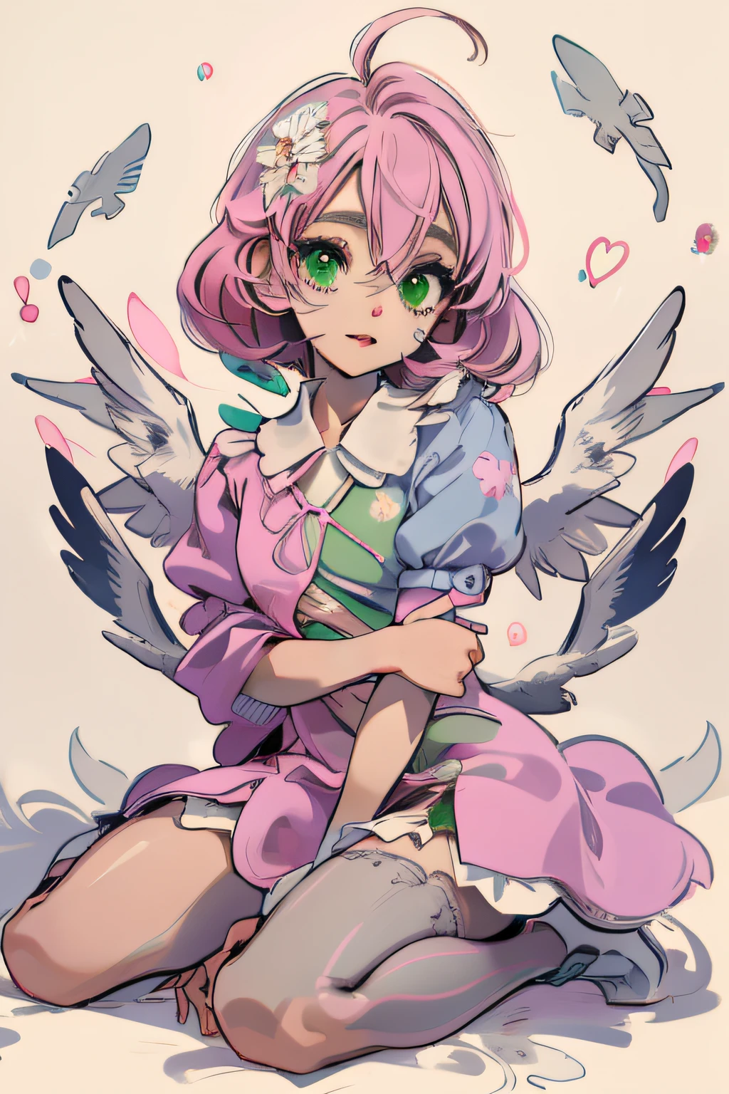 Alisa bosconovitch, melhor qualidade, contemporary, estilo plano, minimalismo, Green Eyes Flat Illustration, cabelo rosa, com flor de cravos no cabelo, cabelo curto, cabelos multicoloridos, Camisa Preta, mechanical wings, em vestido, Head Portrait Close-U, peito pontudo, decote, super decote, middlebreasts, Tekken,cabelo rosa pastel, 1girl, em quimono, hand-painted,Desenho de linha sem cor, colorida do yandere pastel, Tekken, Super cute pink hair girl with gothic makeup on the side, com roupa de empregada,figura esbelta,robusto,He sat on the floor,Vestido com roupas de empregada rosa e branco,cabelos muito curtos,com orelhas de gato,quadratic element,, kawaii cor-de-rosa na roupa da era de 1910, Alisa Bosconovich pink lips, no estilo da paleta de cores suave aurorapunk, an anime illustration of his face, gifs animados, hand drawn animation, charming sketches, suave e brilhante, romantismo nebuloso, Estilo Superflat, fundo branco - ar 1:1 - niji 5 - estilo expressivo --s 50 ,Pink kawaii girl in the era of 1920s clothesPink eagles, vestindo uma camisa branca brilhante, no estilo da paleta de cores suave aurorapunk, an anime illustration of his face, gifs animados, hand drawn animation, charming sketches, suave e brilhante, romantismo nebuloso, Estilo Superflat, fundo branco - ar 1:1 - niji 5 - estilo expressivo --s 50, Absurdo, Alto, ultra detalhados, (1girl:1.3), quebrar , Crie uma imagem com uma bela caligrafia, com letras expressivas, floreios elegantes e um senso de habilidade e habilidade, Lesser Dragon,garota,Hands on arms