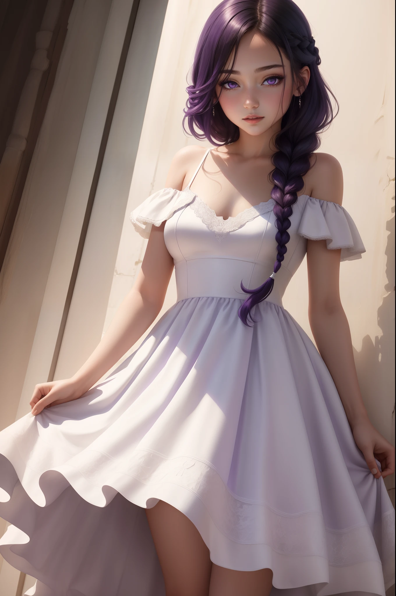1girl,highres, high quality, masterpiece, mxmkWhiteDress, bare shoulder, purple eyes, white dress, braid