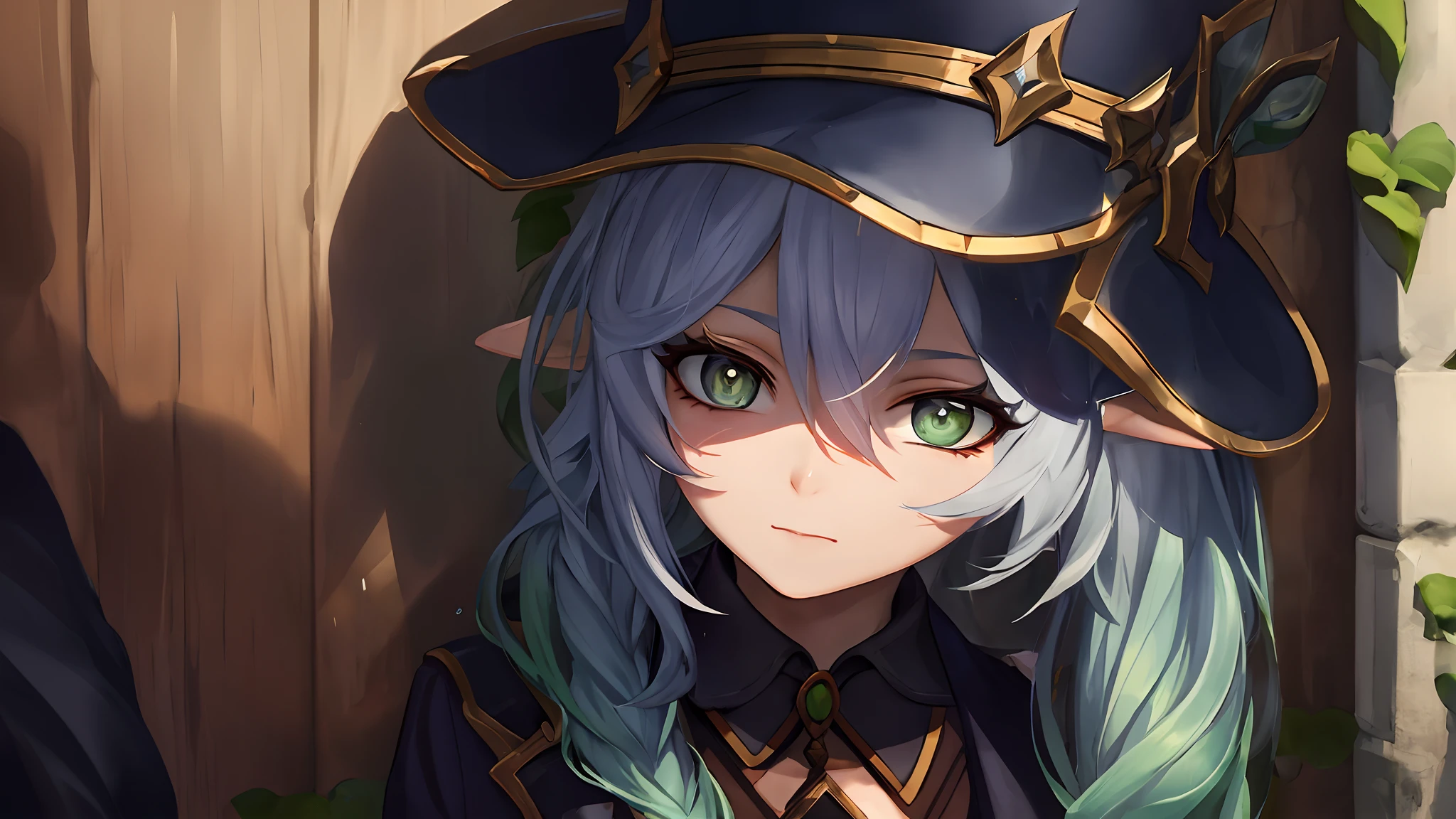 lolstyle, league of legends, artstyle, splashscreen, masterpiece, best quality, lolsplashart, nahidarnd, nahidadef, 1girl, solo, long hair, European Middle Ages, detective, wearing a hat, wearing a trenchcoat, Leaning against the wall, Close-up of people, Street view