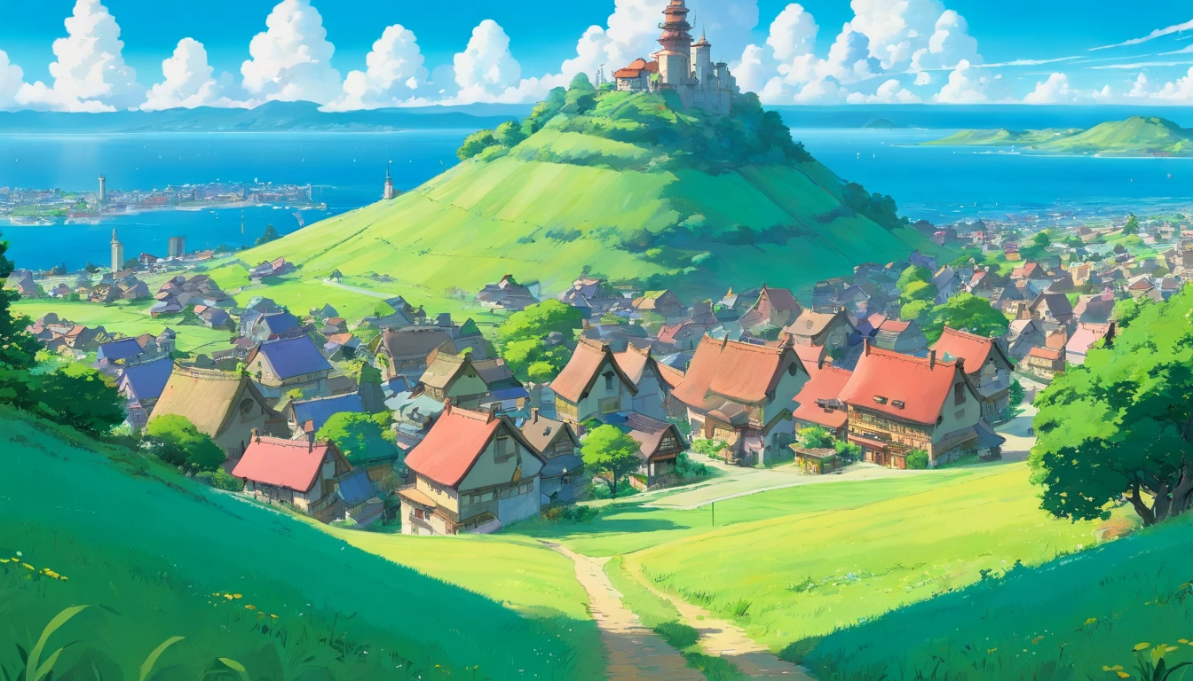 Flat lawn landscape,with blue sky and white clouds,Villages in the distance