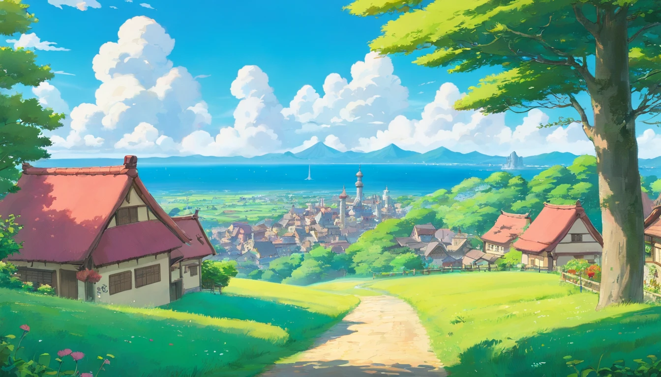 Flat lawn landscape，with blue sky and white clouds，Villages in the distance